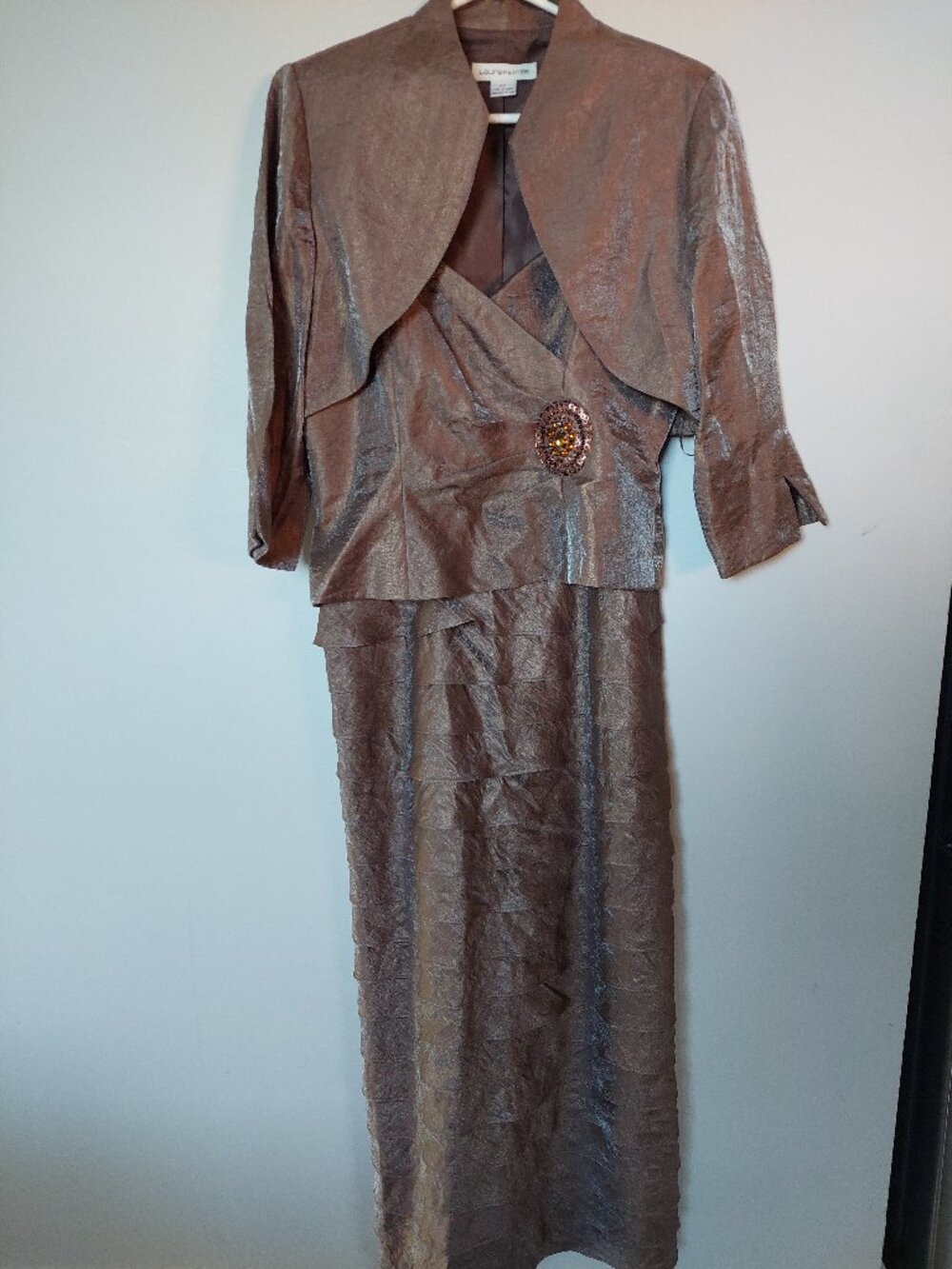 Laura Petites Special Occasion Wedding Jacket & Dress Set Metallic Taupe Sz 10P